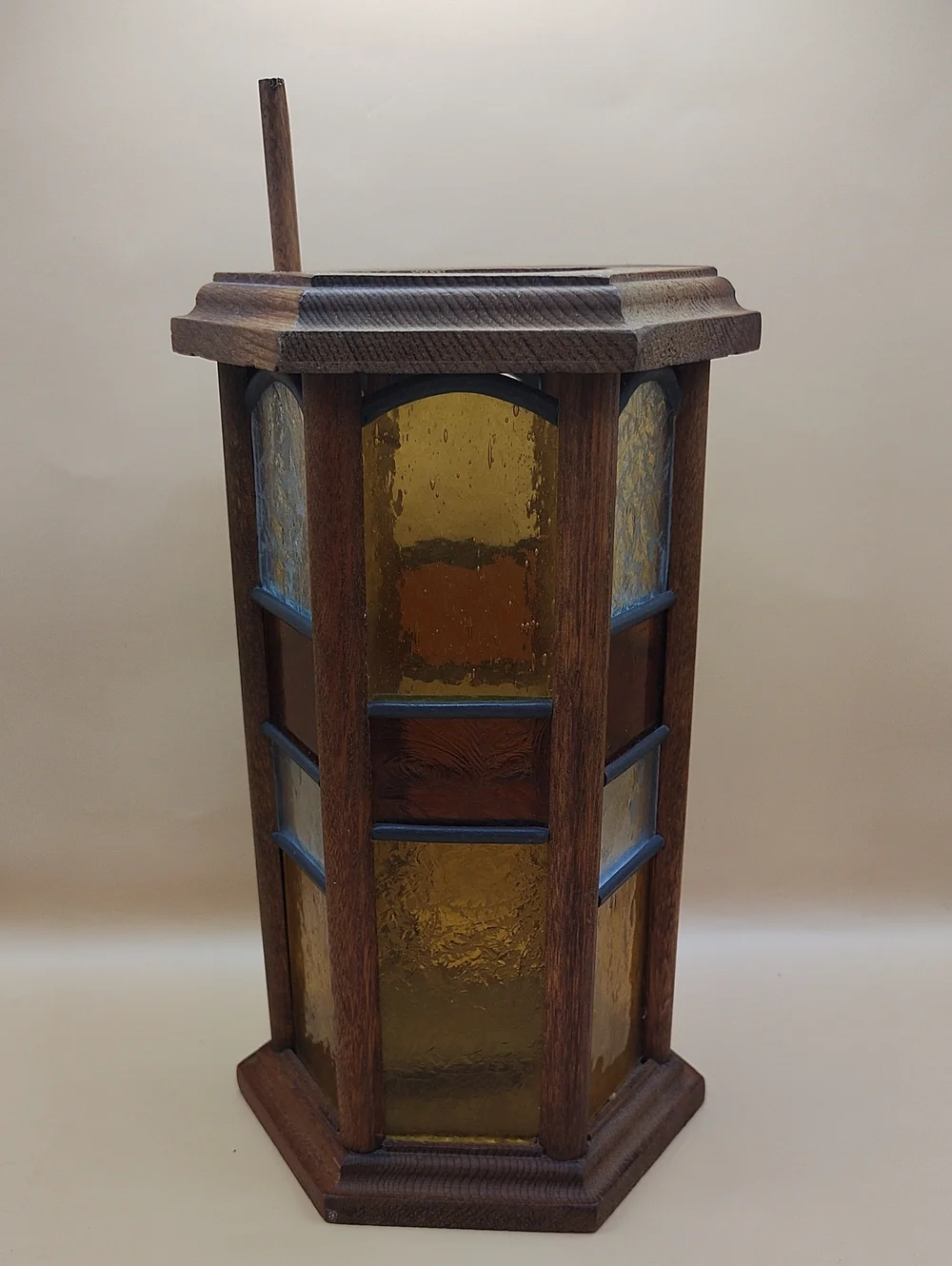 Vintage 1970's Wooden Hexagon Stained Glass Lifting Lantern - Amber